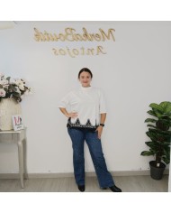 CAMISETA PUNTILLA | Top Encaje Manga 3/4 Bajo Asimétrico Casual