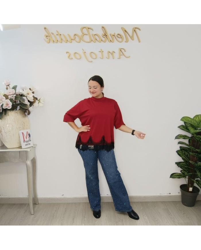 CAMISETA PUNTILLA | Top Encaje Manga 3/4 Bajo Asimétrico Casual