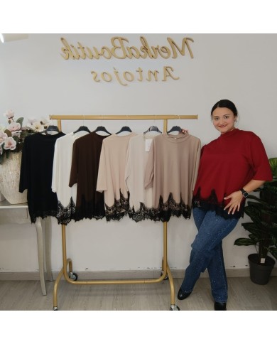 CAMISETA PUNTILLA | Top Encaje Manga 3/4 Bajo Asimétrico Casual