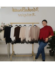 CAMISETA PUNTILLA | Top Encaje Manga 3/4 Bajo Asimétrico Casual