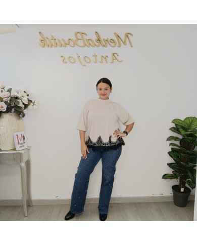 CAMISETA PUNTILLA | Top Encaje Manga 3/4 Bajo Asimétrico Casual