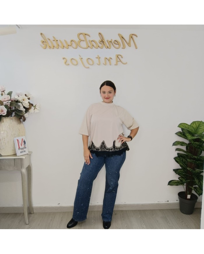 CAMISETA PUNTILLA | Top Encaje Manga 3/4 Bajo Asimétrico Casual