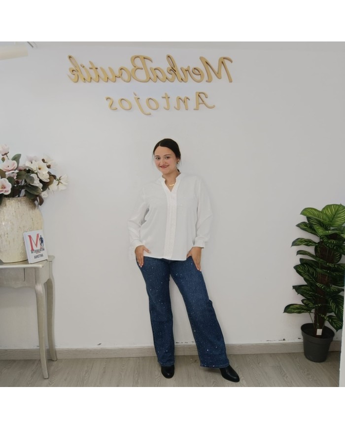 CAMISA DIAMANTE PALOMA | Blusa Fluida con Brillos Cuello V