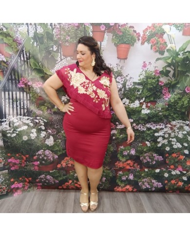 VESTIDO CARBONERA | Invitada Midi Burdeos Bordado y Flecos
