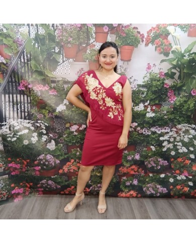 VESTIDO CARBONERA | Invitada Midi Burdeos Bordado y Flecos