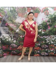 VESTIDO CARBONERA | Invitada Midi Burdeos Bordado y Flecos