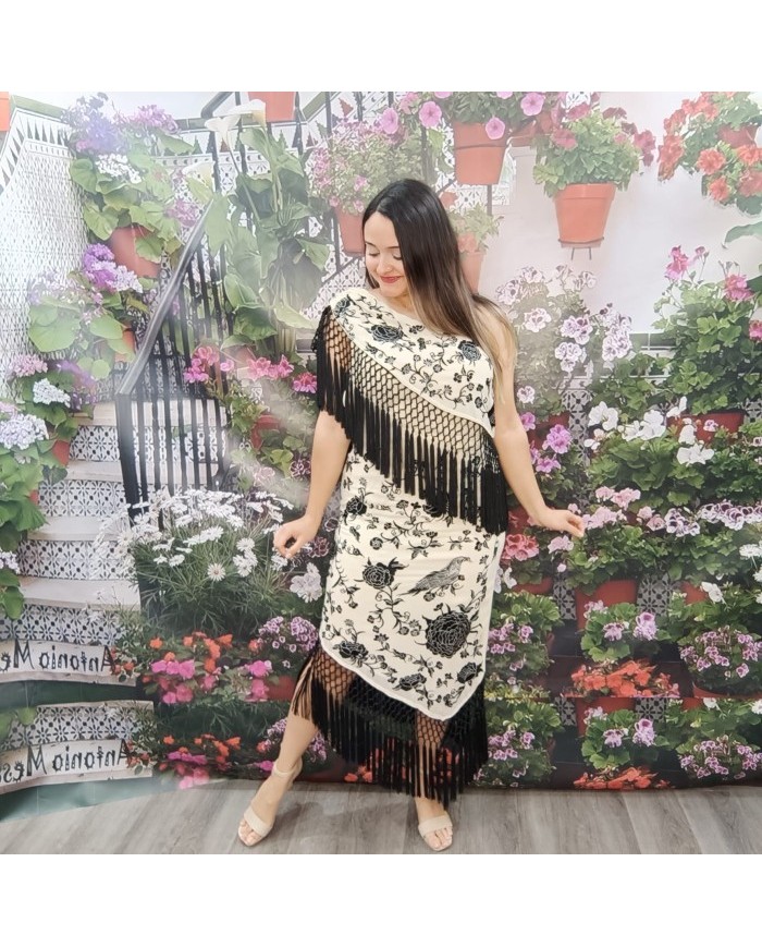 VESTIDO ASIMETRICO CARTUJA | Midi Negro Bordado Floral con Flecos Nude