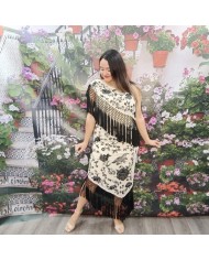 VESTIDO ASIMETRICO CARTUJA | Midi Negro Bordado Floral con Flecos Nude