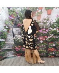 VESTIDO ALMA | Midi Negro Bordado Floral con Flecos Nude