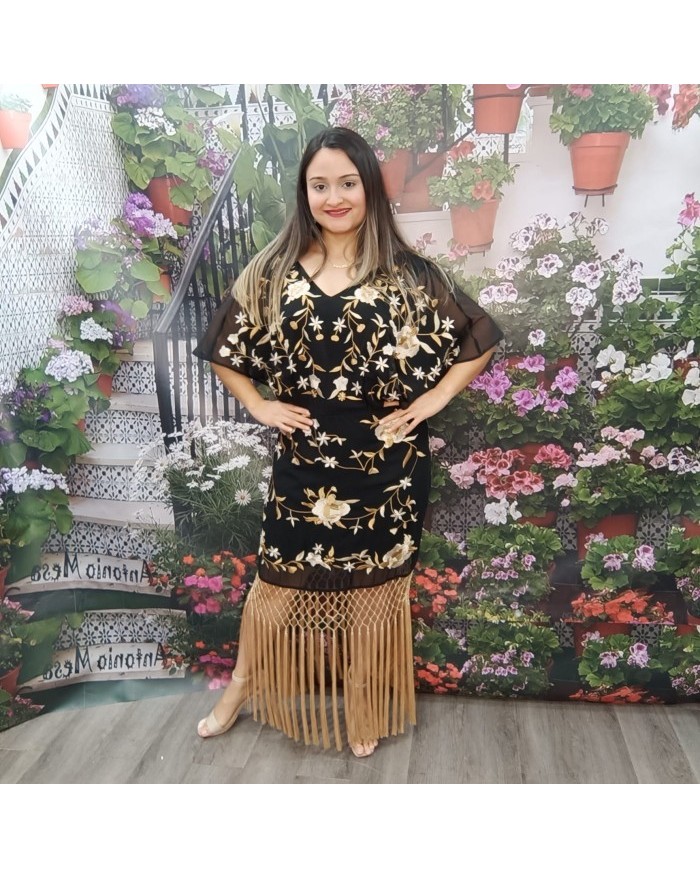 VESTIDO ALMA | Midi Negro Bordado Floral con Flecos Nude