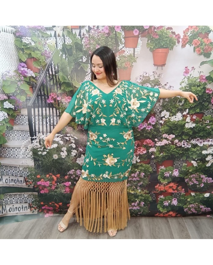 VESTIDO ALMA | Midi Negro Bordado Floral con Flecos Nude