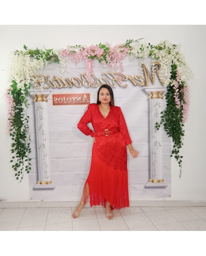 VESTIDO CATAVINO | Vestido Largo Crema Flecos y Jacquard