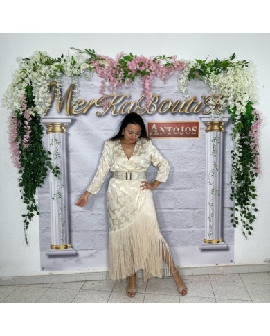 VESTIDO CATAVINO | Vestido Largo Crema Flecos y Jacquard