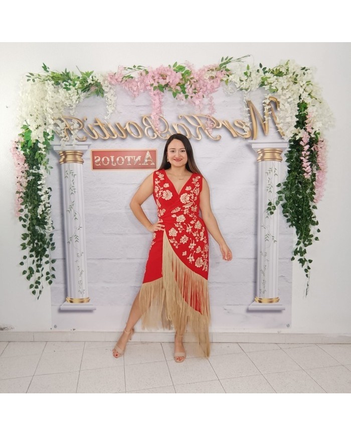 VESTIDO ESPAÑA | Vestido Negro Bordado Dorado con Flecos