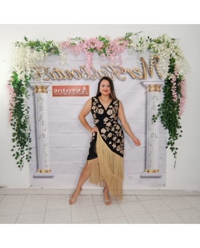 VESTIDO ESPAÑA | Vestido Negro Bordado Dorado con Flecos