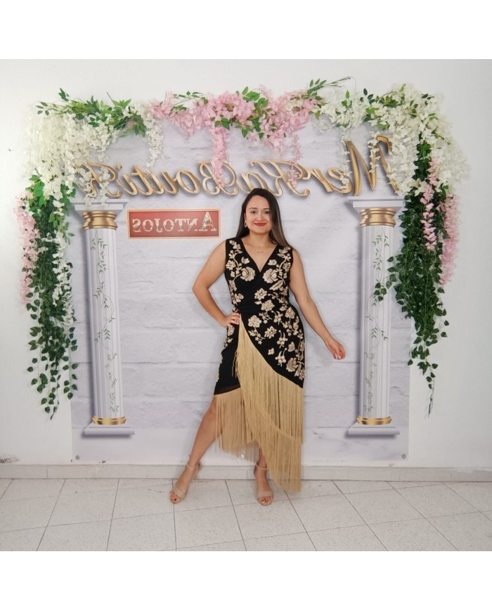 VESTIDO ESPAÑA | Vestido Negro Bordado Dorado con Flecos
