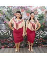 VESTIDO SANDRA | Midi Rojo Vino con Flecos y Bordado Floral