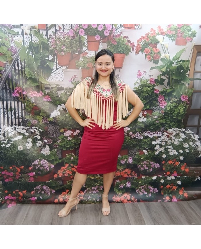 VESTIDO SANDRA | Midi Rojo Vino con Flecos y Bordado Floral