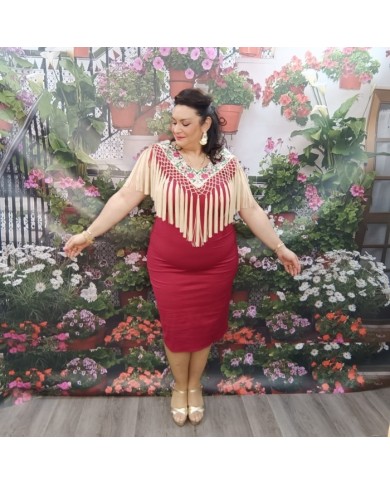 VESTIDO SANDRA | Midi Rojo Vino con Flecos y Bordado Floral