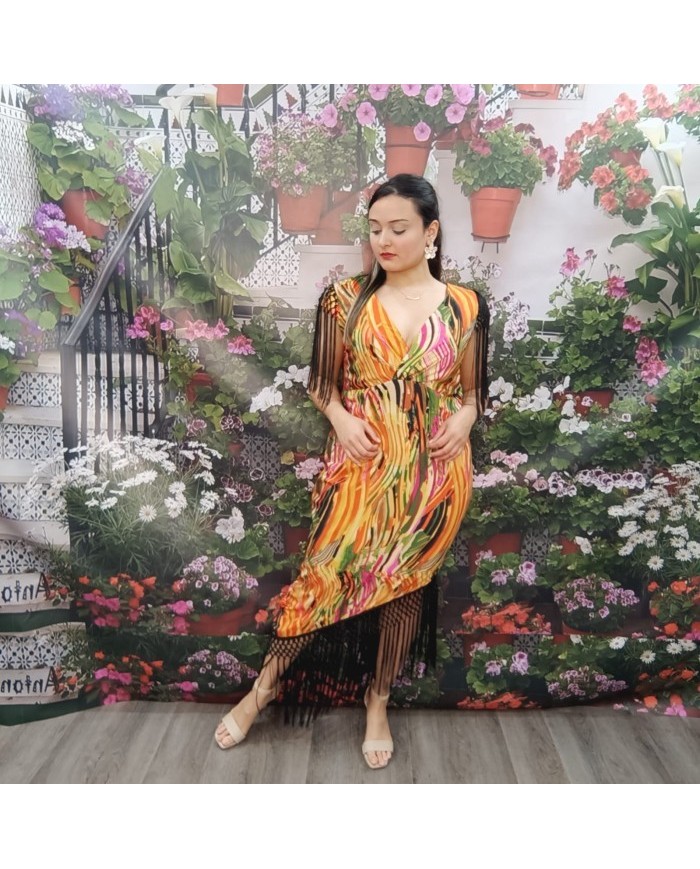 VESTIDO JULIETA | Vestido Midi Estampado con Flecos Negros