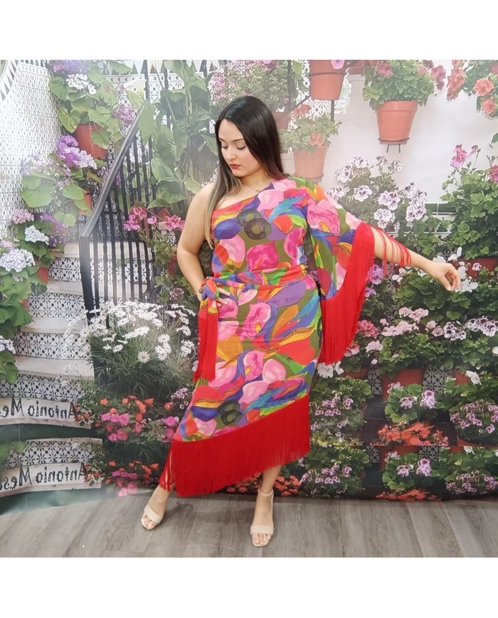 VESTIDO BRASIL | Asimétrico Floral y Flecos Rojos Invitada