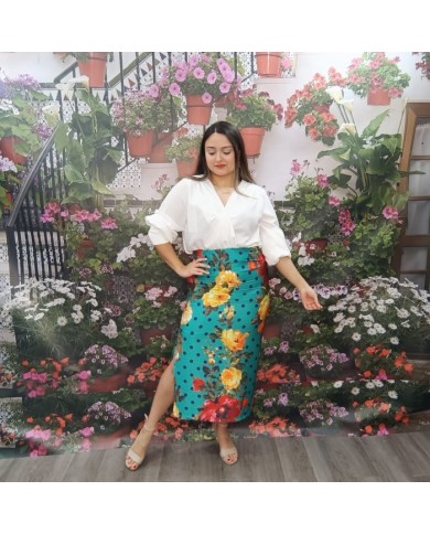 FALDA JUSTA | Falda Lápiz Floral y Lunares de Fiesta Midi
