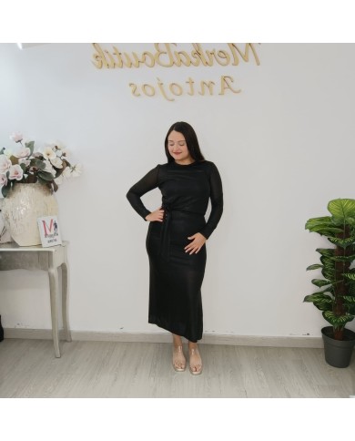 Vestido Midi Punto Ajustado Brillo Plata | Nudo en Cintura | Fiesta y Eventos