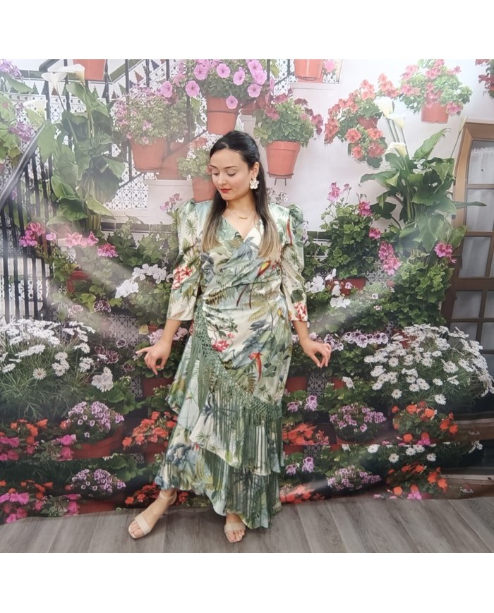 VESTIDO TROPICAL | Vestido Cruzado Estampado Flecos Invitada