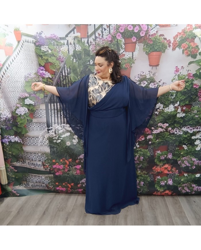 Vestido Luz Largo Gala Capa | Madrina Azul Marino Elegante