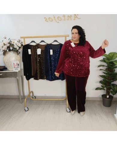 Blusa Terciopelo Lentejuelas - Fiesta Manga Larga - Rojo Negro