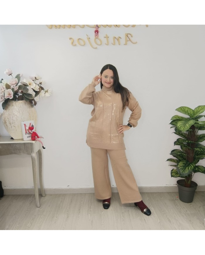 conjunto Cartaya punto lentejuelas mujer elegante color camel