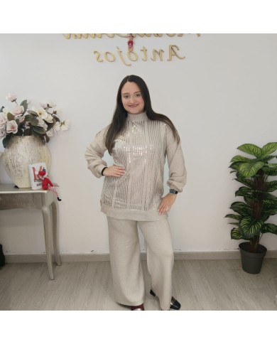 conjunto Cartaya punto lentejuelas mujer elegante color beige