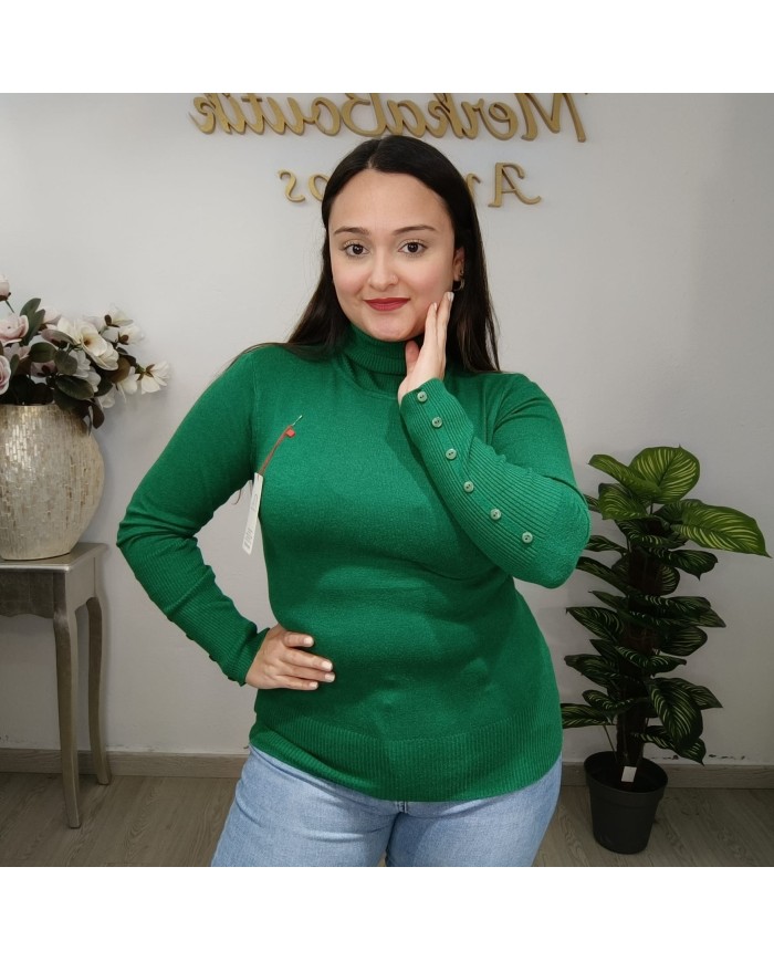 Jersey Cuello Alto Botones Puño | Punto Fino Mujer | Verde Esmeralda y Más
