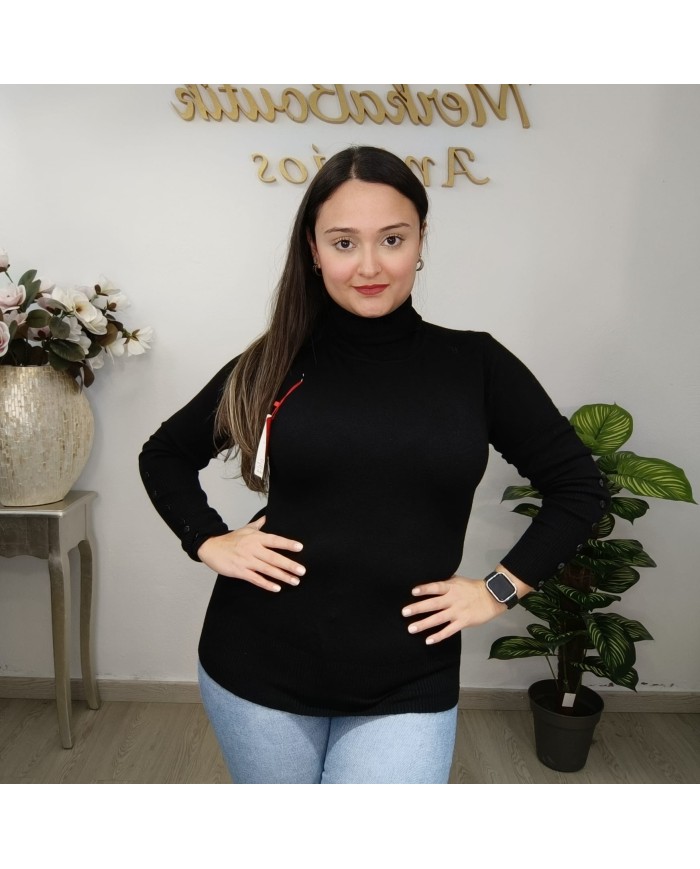 Jersey Cuello Alto Botones Puño | Punto Fino Mujer | Verde Esmeralda y Más