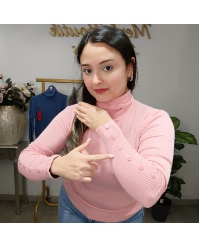 Jersey Cuello Alto Botones Puño | Punto Fino Mujer | Verde Esmeralda y Más