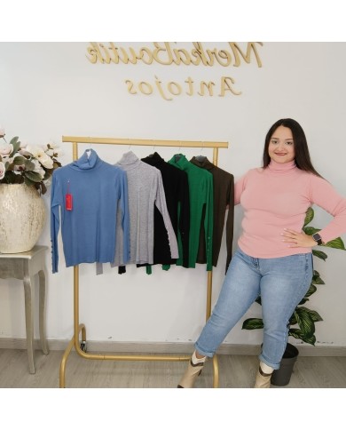 Jersey Cuello Alto Botones Puño | Punto Fino Mujer | Verde Esmeralda y Más