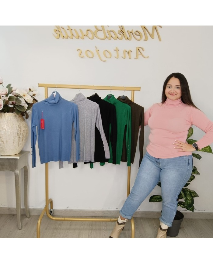 Jersey Cuello Alto Botones Puño | Punto Fino Mujer | Verde Esmeralda y Más