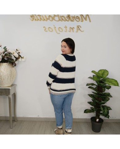 Jersey Punto a Rayas con Brillo Mujer | Jersey Marinero Invierno | Azul/Blanco
