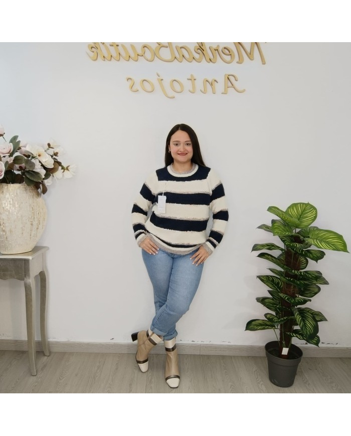 Jersey Punto a Rayas con Brillo Mujer | Jersey Marinero Invierno | Azul/Blanco