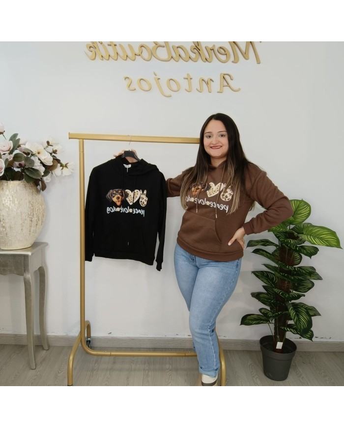 Sudadera Oversize Perros y Huellas | Capucha Negra/Marrón | Moda Animalista