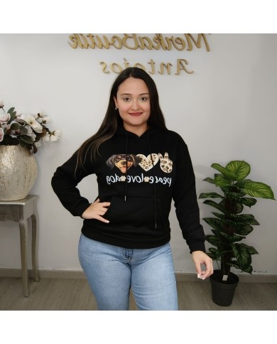 Sudadera Oversize Perros y Huellas | Capucha Negra/Marrón | Moda Animalista