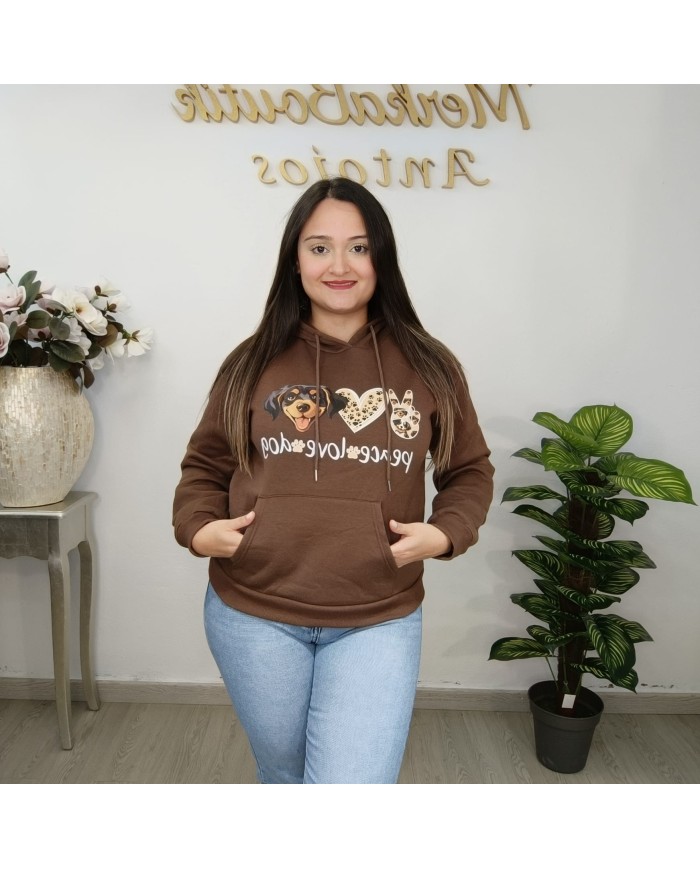 Sudadera Oversize Perros y Huellas | Capucha Negra/Marrón | Moda Animalista