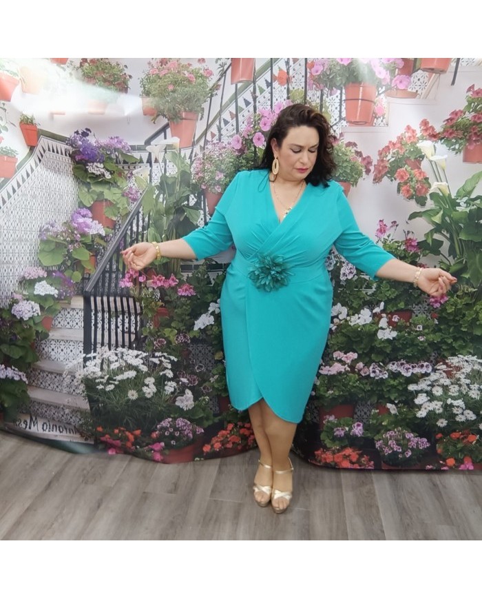 Vestido Vazquez Crepé Midi | Flor 3D y Manga 3/4 Invitada