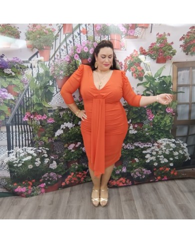 Vestido Elena Midi Drapeado | Naranja Estilizador | Manga 3/4