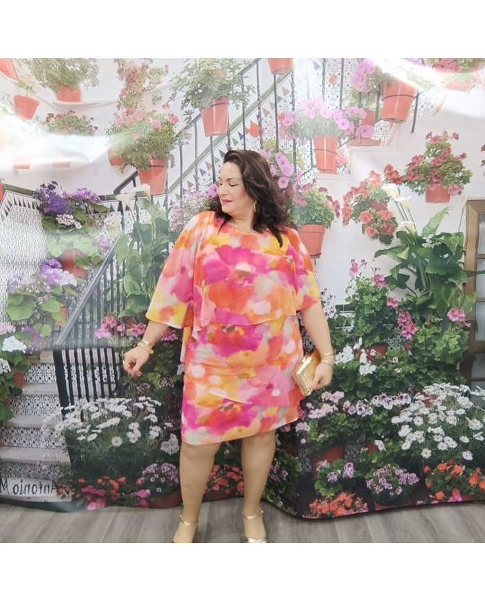 Vestido Nube Gasa Corto | Estampado Acuarela | Manga Capa