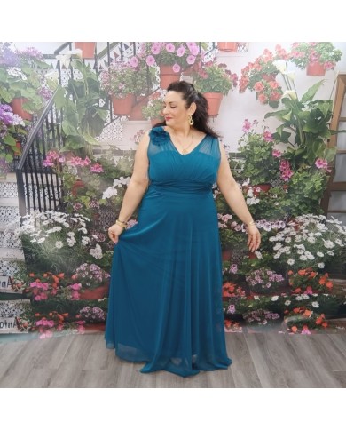 Vestido Coker Largo de Gasa | Drapeado Talle Imperio | Flor Hombro