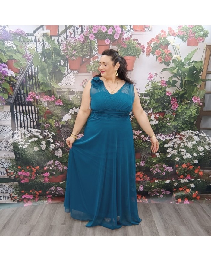 Vestido Coker Largo de Gasa | Drapeado Talle Imperio | Flor Hombro