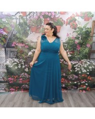 Vestido Coker Largo de Gasa | Drapeado Talle Imperio | Flor Hombro