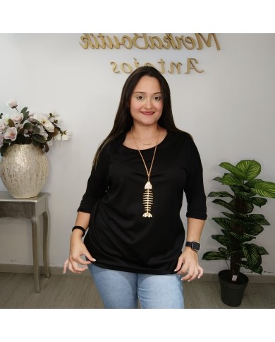 Blusa Básica Manga 3/4 con Collar Espina de Pescado | Top Negro Varios Colores