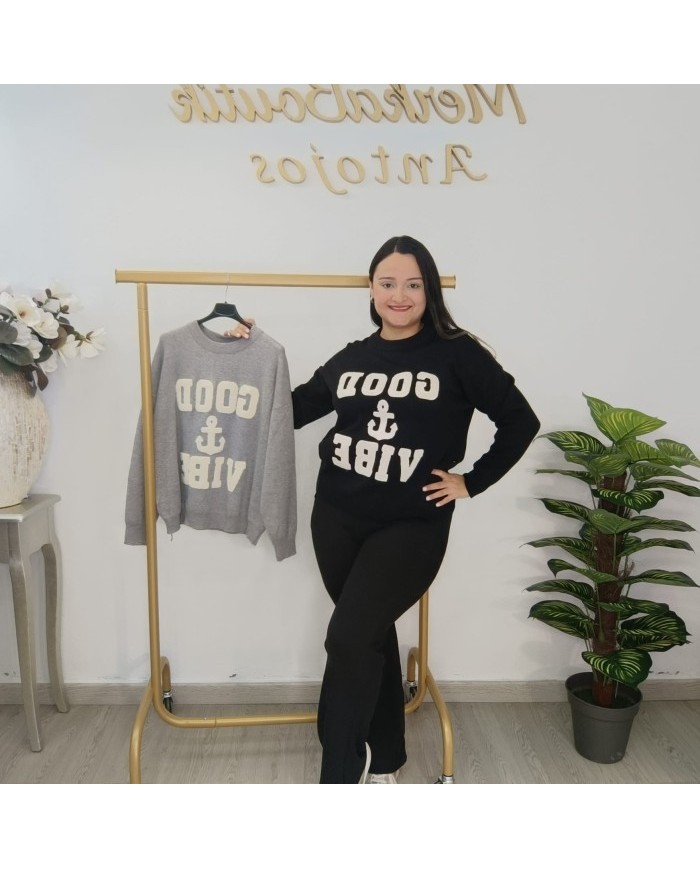 Jersey Punto Oversize 'Good Vibe' con Ancla | Gris y Negro